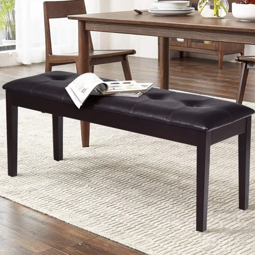 Miniatura 8 de Asiento de comedor tapizado con piel sintética, banco otomano con botones y patas de madera de goma, banco de extremo de cama para dormitorio, banco