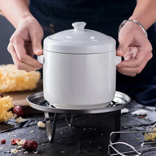 Miniatura 7 de Hemoton Olla de cerámica para estofado de 3.74 x 3.74 x 4.13 pulgadas, pequeña olla blanca con tapa para huevos al vapor, natillas de pájaros, nido