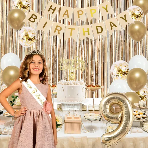 Miniatura 5 de Trgowaul Decoraciones de 9º cumpleaños para niñas, pancarta, banda y corona, decoración de pastel, globo de número 9, cortinas de flecos