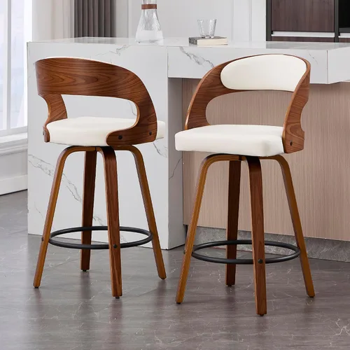 Miniatura 15 de VipDesk Taburetes de bar giratorios, Taburetes de bar de altura de mostrador de nogal con respaldo y brazos, Taburetes de bar tapizados modernos