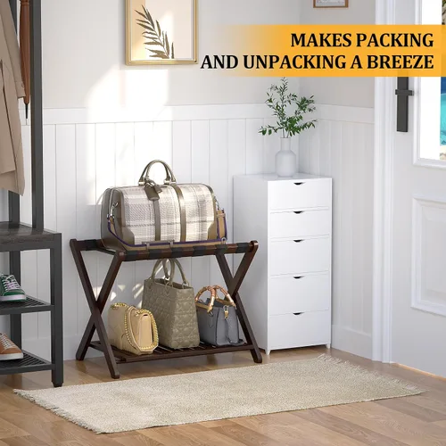 Miniatura 5 de Juego de 2 portaequipajes de bambú, totalmente montado, para habitación de invitados, soporte plegable para maleta con estante para zapatos, soporte