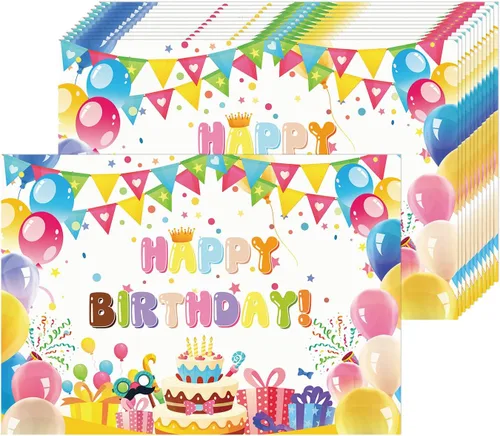 Paquete de 50 manteles individuales de papel desechables de 16 x 11 pulgadas, banderas de colores, globos, pasteles, manteles individuales para