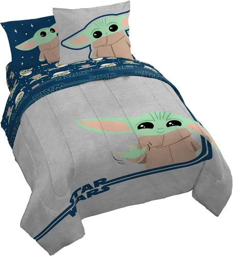Jay Franco Star Wars The Mandalorian Hello Grogu - Juego de ropa de cama tamaño Queen de 7 piezas, incluye edredón y juego de sábanas, ropa de cama
