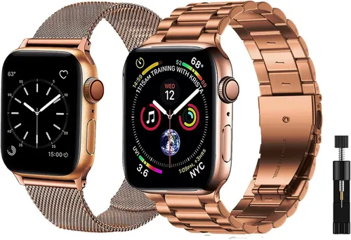 Miniatura 14 de Paquete de 2 correas de metal compatibles con Apple Watch Band 38/40/41/42/44/45/46/1.929 in, acero inoxidable y malla milanesa para iWatch Band