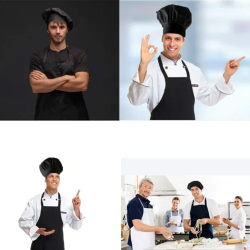Miniatura 6 de Juego de sombrero y delantal de chef negro, delantal con babero en tamaño grande y sombrero de chef, babero para cocinar a la parrilla, delantal