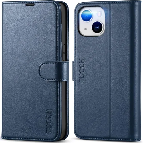 Miniatura 14 de TUCCH Funda tipo billetera para iPhone 14, [Bloqueo RFID] [4 ranuras para tarjetas] Funda protectora interior de TPU, funda abatible magnética