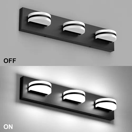 Miniatura 8 de Aipsun Lámpara de tocador negra moderna regulable, luz LED acrílica, 3 luces de pared de baño (luz blanca, 6000 K)