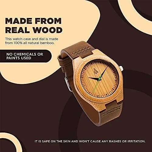 Miniatura 6 de Treehut - Reloj de pulsera analógico para hombres, de madera con correa de piel auténtica, estilo elegante.