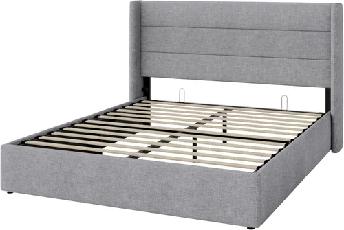 Miniatura 9 de Allewie Cama de almacenamiento elevable de tamaño completo, cabecera moderna con respaldo alado, soporte hidráulico, no necesita somier, gris claro
