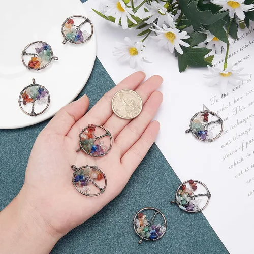 Miniatura 3 de SUNNYCLUE 8 dijes de árbol de la vida, piedras preciosas de cristal de cuarzo, planas, redondas, con agujero para joyería y pulsera, chakras, collar