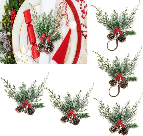 FRAMICS Juego de 6 servilleteros de Navidad, servilleteros con cono de pino nevado con bayas rojas, hebilla de servilleta de bayas para Navidad,