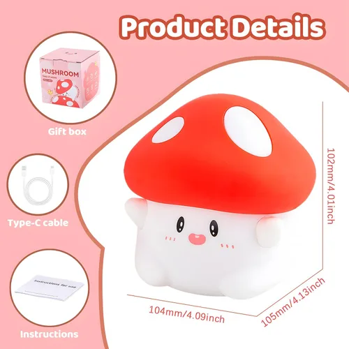Miniatura 9 de Luz nocturna de hongos, lámpara de silicona blanda para niños, control de grifo, 2 niveles de brillo, batería de 50 horas, temporizador automático