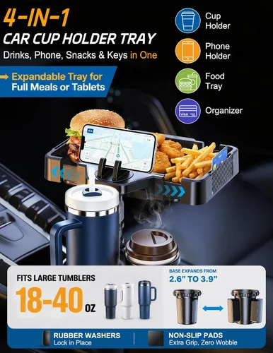 Miniatura 2 de Bandeja Portavasos para Auto, Expansor de Portavasos 4 en 1 con Mesa Bandeja de Comida Expandible, para Artículos Esenciales de Viaje por Carretera