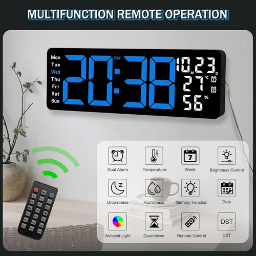 Miniatura 4 de JoFomp Reloj de pared digital grande de 17.3 pulgadas, reloj digital LED con control remoto, reloj despertador