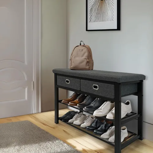 Miniatura 2 de Finnhomy - Zapatero de entrada con asiento acolchado, banco de zapatos para entrada, organizador de almacenamiento de zapatos de 3 niveles con 2