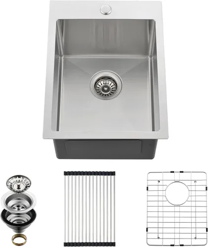 Miniatura 12 de Fregadero de cocina de 15 x 15 pulgadas, fregadero de preparación de barra de montaje superior de 16 calibre 16 T-304 de acero inoxidable negro