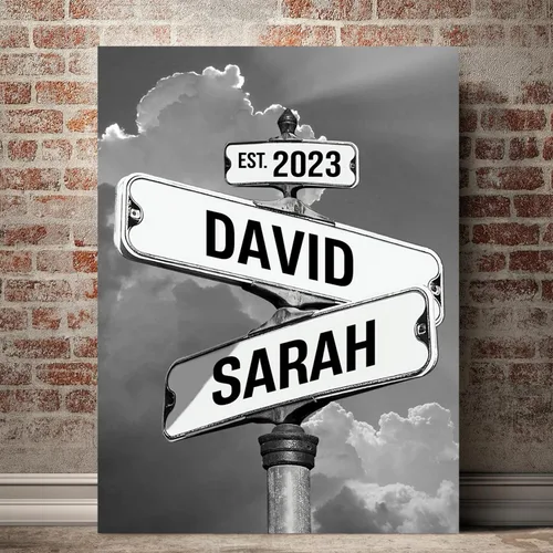 Cartel de calle vintage de lienzo personalizado para parejas, cartel de cruce de caminos con nombre personalizado, el mejor regalo para parejas,
