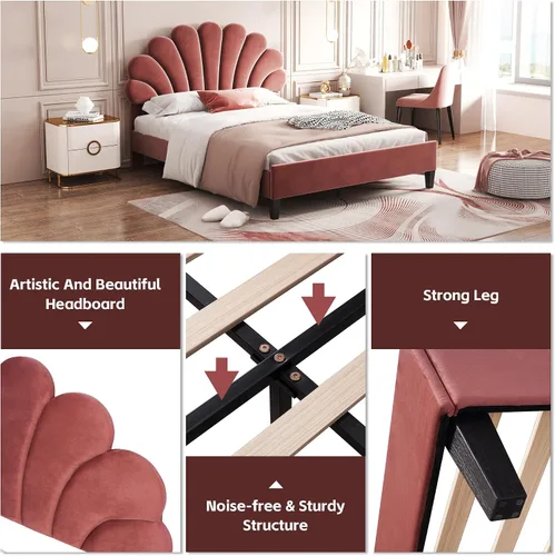 Miniatura 4 de DEINPPA Base de cama tapizada tamaño matrimonial con cabecera ajustable de flores elegantes, cama de plataforma de terciopelo con soporte
