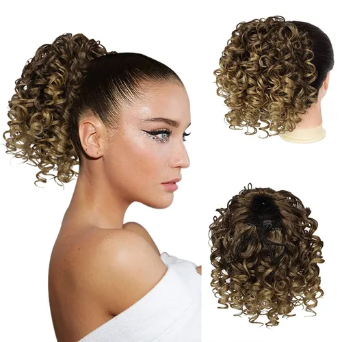Miniatura 22 de PEACOCO Extensión de cola de caballo rizada con cordón para mujeres negras - Cola de caballo de 6 pulgadas con clip, postizo sintético de afro corto