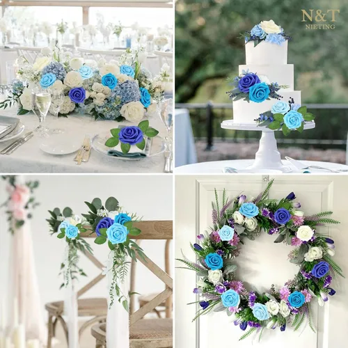 Miniatura 202 de N&T NIETING Flores artificiales, rosas artificiales de color rosa intenso, 50 piezas de flores falsas con tallo para ramos de boda DIY, centros