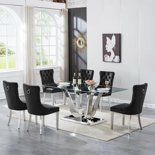 Miniatura 47 de Mesa de comedor moderna de vidrio de 70 pulgadas para 6-8, mesa de comedor de cristal dorado de lujo con base de acero inoxidable en forma de flores