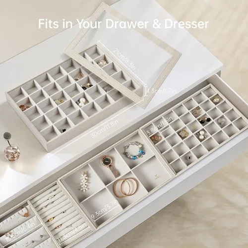 Miniatura 2 de VEE&CO. Bandeja apilable de joyería para cajón, organizador de joyas de alta capacidad, soporte para collar y aretes, regalo para mujeres y niñas, 3