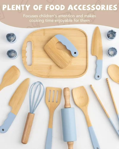 Miniatura 5 de Juego de cocina Montessori de madera para niños, herramientas de cocina reales y utensilios para hornear, kit de cocina de 15 piezas para niños