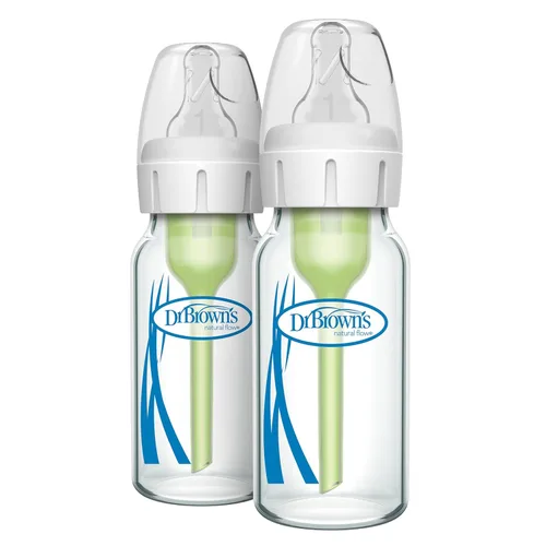 Dr. Brown's Anti-Colic Options+ - Biberón de vidrio estrecho con boquilla de flujo lento de nivel 1, sin BPA, 4 oz/4.1 fl oz, 0.0 ft+, 2 unidades, 1