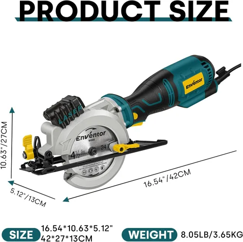 Miniatura 8 de Enventor Mini sierra circular, sierras circulares eléctricas de 5.8A de 4-1/2" con 6 hojas de sierra, guía láser, profundidad máxima de corte