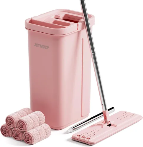 Miniatura 10 de JOYMOOP Juego de trapeador y cubeta rosa con escurridor para el hogar, con 3 almohadillas de microfibra reutilizables, sistema de autolimpieza sin