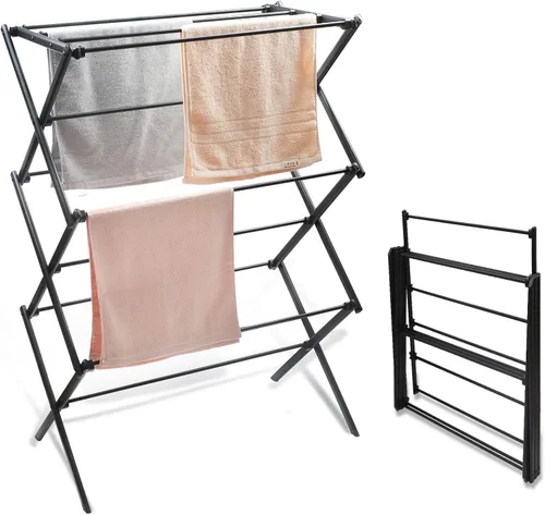 Estante de secado de ropa plegable de 3 niveles, estante vertical portátil y plegable para almacenamiento en interiores y exteriores, color negro