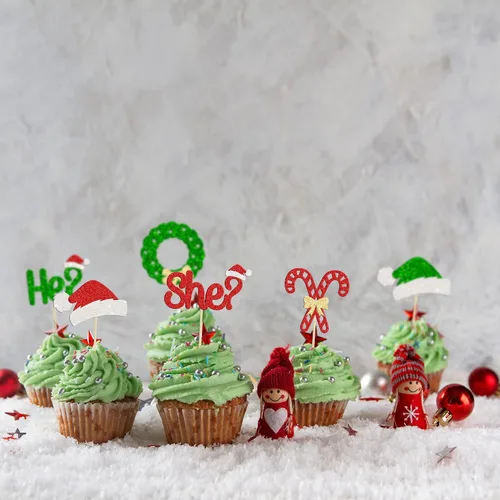 Miniatura 4 de Gyufise 24 piezas Adornos de pastel para revelación de género de Navidad con purpurina, sombrero navideño de Navidad, adorno de pastel de él o ella