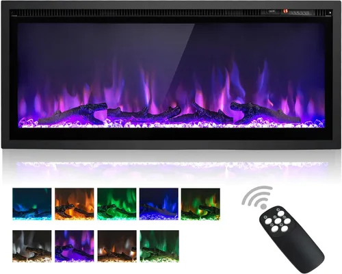 Miniatura 10 de ORALNER Inserto de chimenea eléctrica de 36 pulgadas de ancho, empotrado y montado en la pared con termostato, 9 colores de llama y 5 brillo