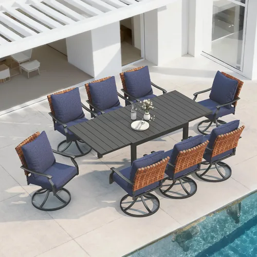 Miniatura 11 de Grand patio Juego de comedor de exterior de 5 piezas, 4 sillas de patio giratorias de mimbre con aspecto de cuero y 1 mesa de comedor cuadrada