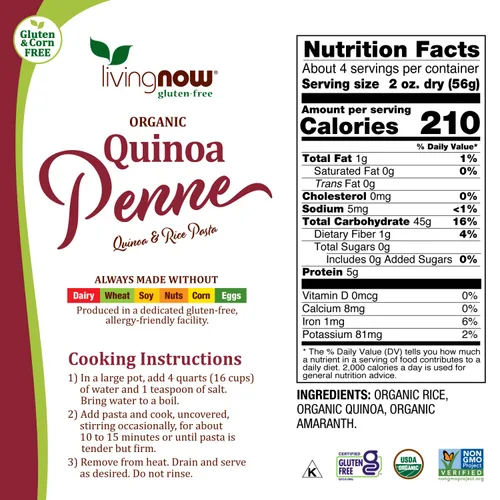 Miniatura 2 de NOW Foods, Quinoa Penne orgánica, sin gluten, sin maíz, sin OMG, pasta de quinua y arroz, 8 onzas