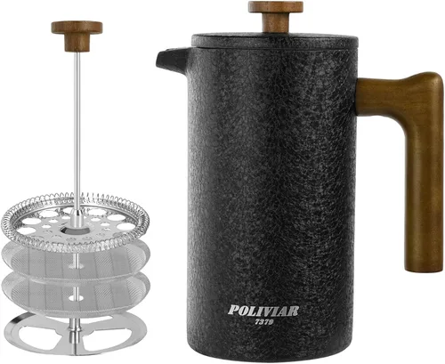 Miniatura 13 de POLIVIAR - Cafetera de prensa francesa, prensa de café de 34 onzas con mango de madera real, aislamiento de doble pared y pantalla de doble filtro