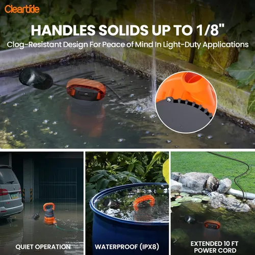 Miniatura 5 de Cleartide Bomba de sumidero sumergible con interruptor de flotador atado, bomba de agua utilitaria de 1/4 HP, motor 100% cobre, bomba de drenaje