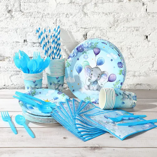 Miniatura 3 de Spakon Juego de 200 piezas de decoración de baby shower, platos de papel para fiesta de elefante, servilletas, tazas y vajilla, juego de vajilla Azul