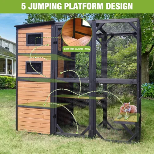 Miniatura 4 de Casa grande para gatos Catio Kitty House con 4 niveles para gatos al aire libre, techo impermeable, recintos para gatos, 77 pulgadas (marrón)