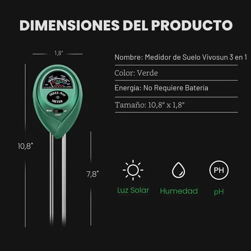Miniatura 4 de Vivosun - Probador de suelo, medidor de humedad, luz y pH 3 en 1 para casa, jardín, césped, granja, uso en interiores y exteriores, promueve