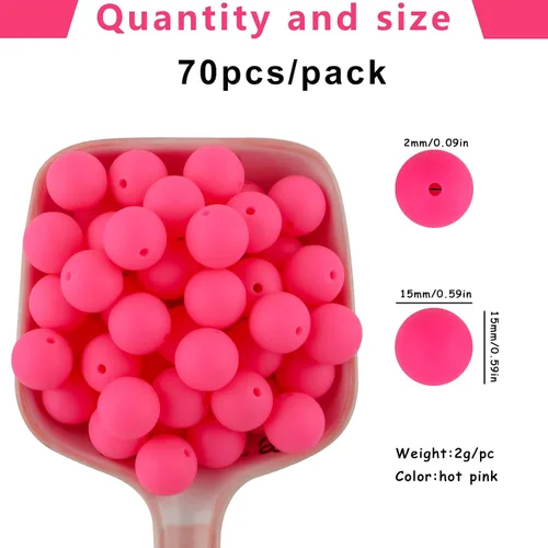 Miniatura 2 de Sunrony 70 cuentas de silicona para hacer collares, cuentas redondas de silicona a granel de 0.59 pulgadas para bolígrafos (rosa intenso)