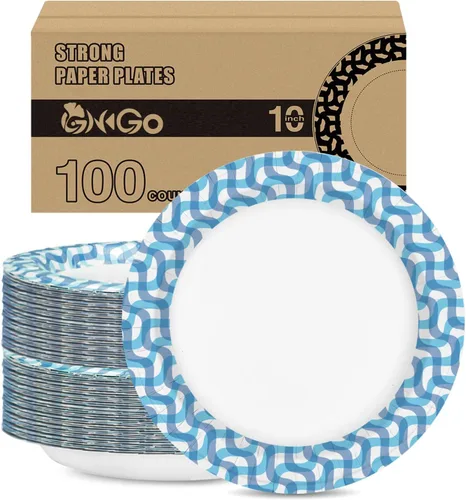 Ginkgo Platos de papel de 10 pulgadas, 100 unidades a granel, envasados en paquetes gruesos y resistentes, platos desechables grandes de Navidad