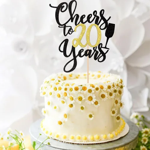 Miniatura 5 de 1 pieza de decoración para tartas de "Cheers to 20 años" con purpurina dorada y negra para pastel de 20 años, decoración de pastel de 20 años