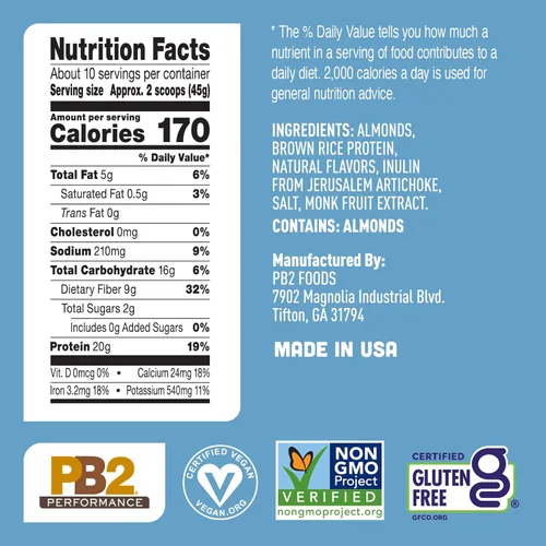 Miniatura 7 de PB2 Performance - Polvo de proteína vegano a base de plantas de almendra 20g de proteína completa, sin azúcar añadida, fibra prebiótica Sin