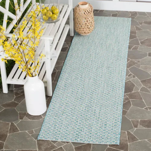 Miniatura 76 de SAFAVIEH Alfombra lavable al aire libre Courtyard Collection - 6'7" x 9'6", azul claro y gris claro, no desprende pelusa y fácil limpieza, ideal