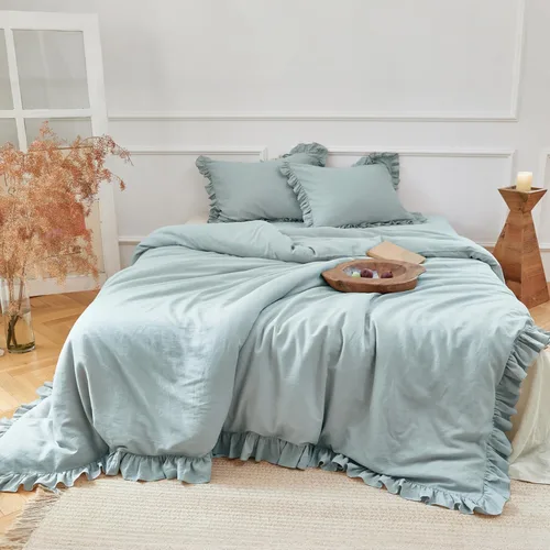 Miniatura 16 de Simple&Opulence Juego de funda de edredón de algodón de lino con volantes, 3 piezas, ropa de cama con textura suave con bordes decorativos