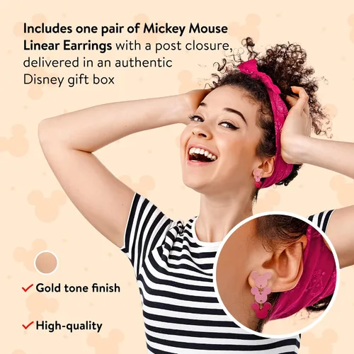 Miniatura 3 de Disney Aretes colgantes lineales de Mickey Mouse para mujeres y niñas, un par en caja de regalo de joyería auténtica con 3 dijes colgantes