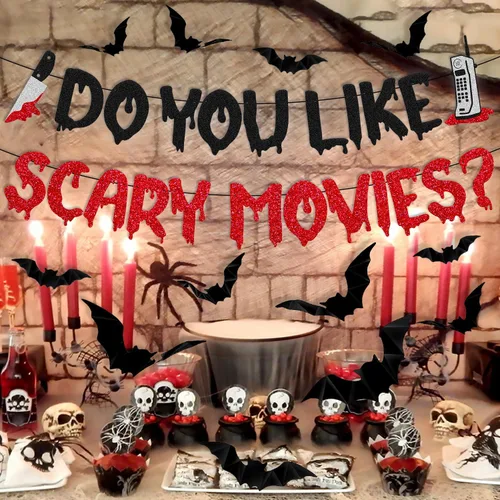 Miniatura 4 de Decoración de Halloween Do You Like Scary Movies Banner con adornos de murciélago en 3D, películas de terror sagradas, decoración de fiesta nocturna