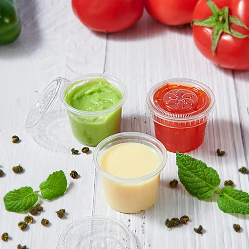 Miniatura 3 de Lilymicky 400 juegos de vasos de plástico desechables de 1 onza con tapas, pequeños recipientes de plástico para condimentos para salsa, vasos