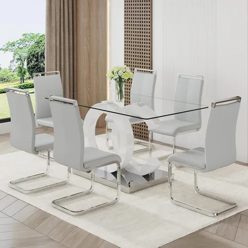 Miniatura 20 de Juego de mesa de comedor Ebullient para 6, juego de mesa de comedor de 7 piezas, tapa de mesa de cristal templado, mesa moderna de comedor con 6